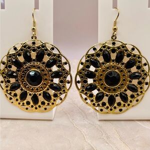 Black Bead and Gold Circle Filigree Drop Dangle Earrings. Bohemian